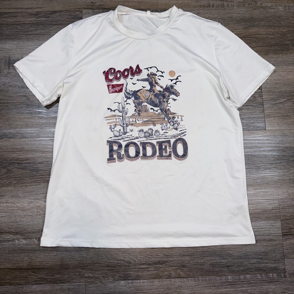 Vintage Style Coors Banquet Rodeo Shirt Mens Small Short Sleeve Off White Cowboy